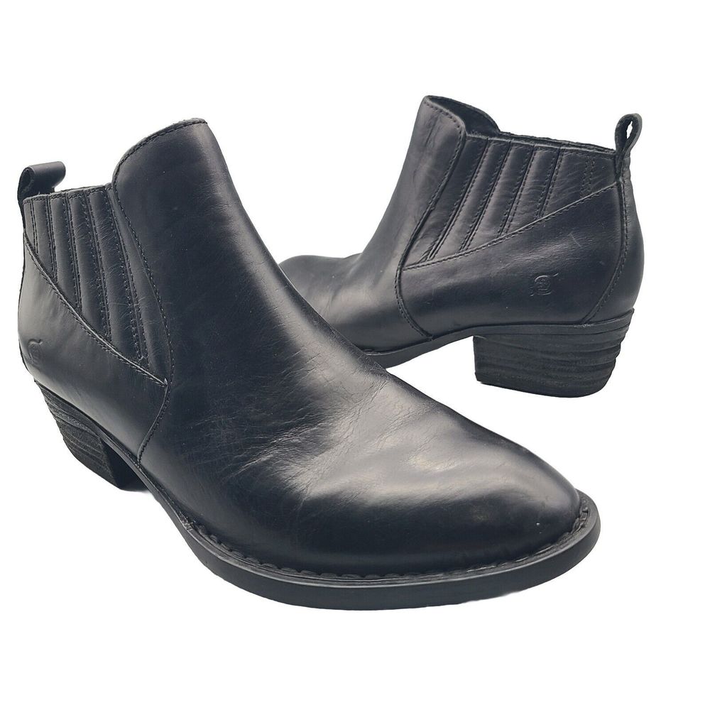 Born Beebe Boots Pull On Booties Black Leather Ankle Gore Womens 9.5 Floor Pair
